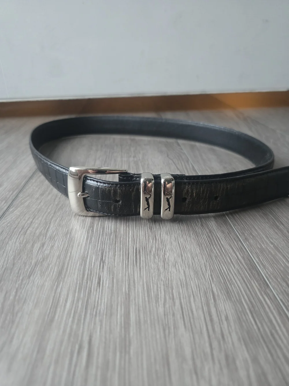 PGA Tour Mens Sz 34 Black Top Grain Croc Leather Belt Silver Golfer Buckle